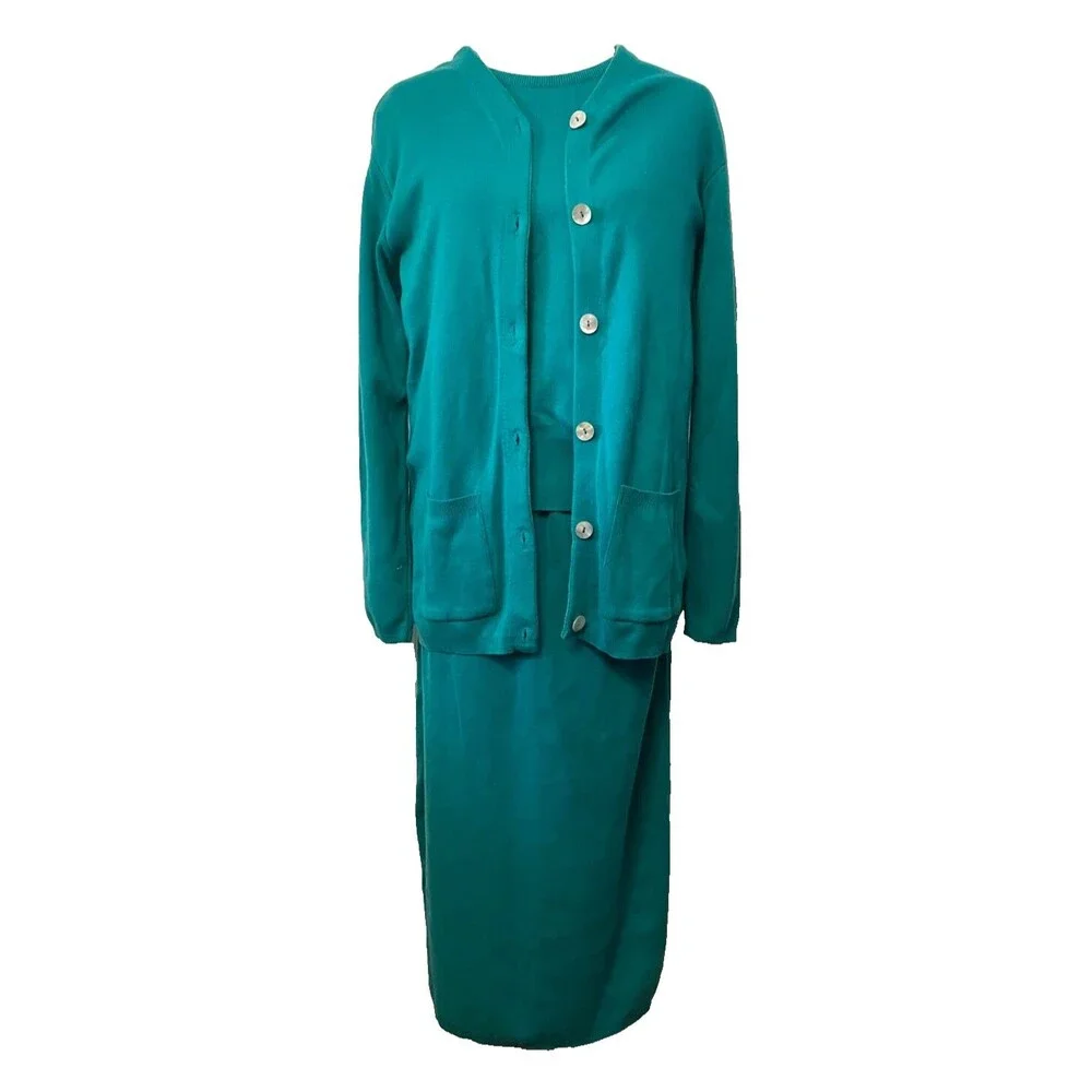 NWT Vtg American Knitworks 100% Cotton 4pc Lot Dress Skirt Cardigan Top Green Lg